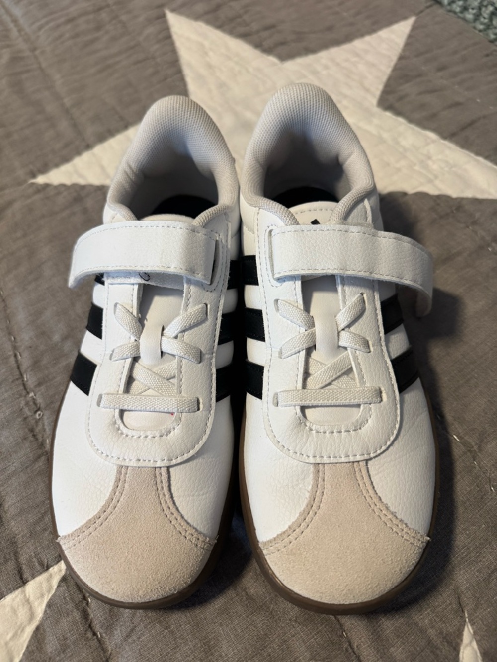 adidas Kids White Sneakers with Black Stripes and Tan Toe